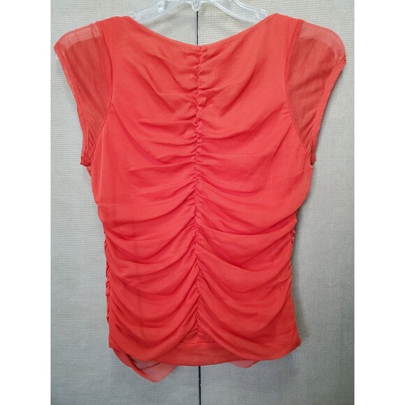 For Cynthia Petite Orange V-Neck Tiered Mesh Cap Sleeve Shirt Size PM - Picture 4 of 6
